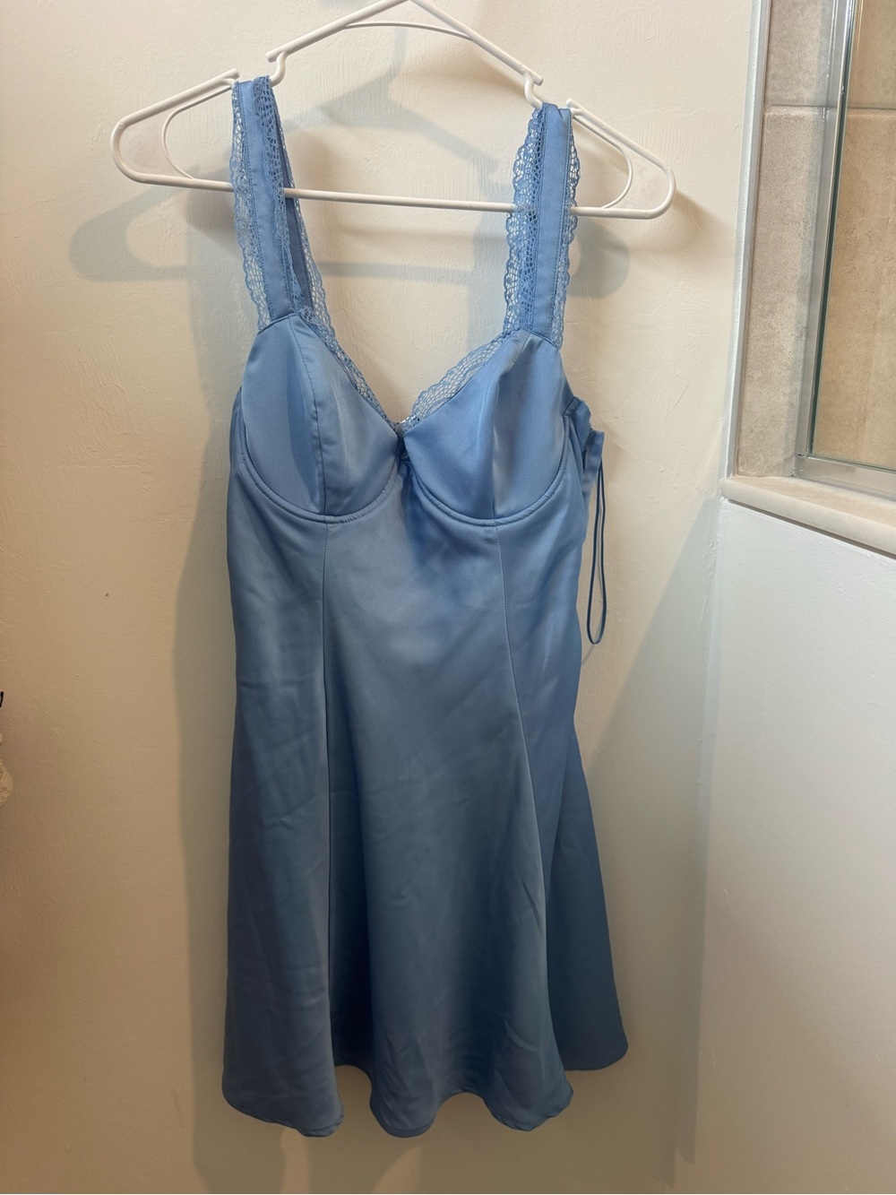 ASTR LABEL Satin Lace-Trim Blue Slip Dress